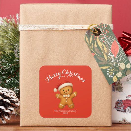 Schattige kerstman van gemberkoek met kerstmuts -  vierkante sticker (Feestdagen)