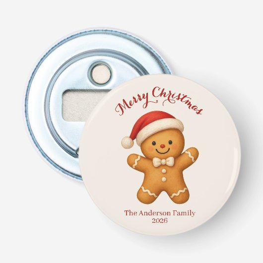 Schattige kerstman van gemberkoek met Santa-hoed - Button Flesopener (Voorkant)