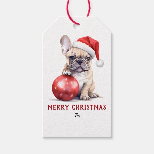 Schattige Kerstmanhoed Franse Bulldog Kerstmis Cadeaulabel (Voorkant)