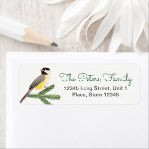 Schattige kerstmees gele vogel & groene boom etiket