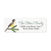 Schattige kerstmees gele vogel & groene boom etiket (Voorkant)