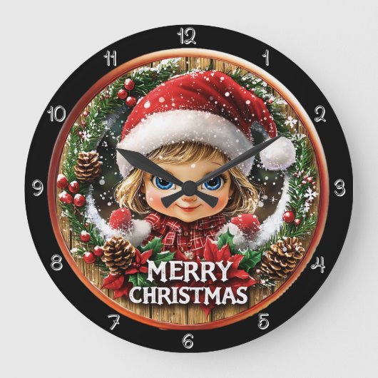 Schattige kerstmeisje in krans grote klok (Voorkant)