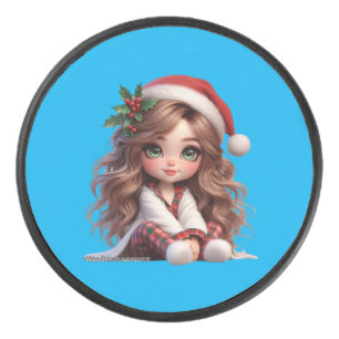 Schattige kerstmeisje met Santa Hat Art Hockey Puck