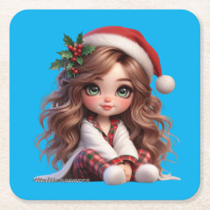 Schattige kerstmeisje met Santa Hat Art Kartonnen Onderzetters