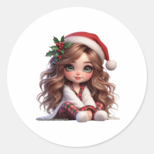 Schattige kerstmeisje met Santa Hat Art Ronde Sticker
