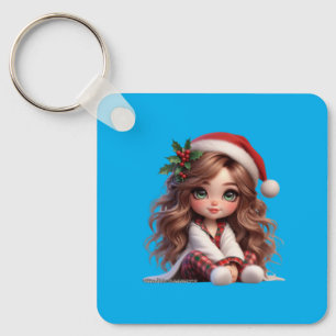 Schattige kerstmeisje met Santa Hat Art Sleutelhanger
