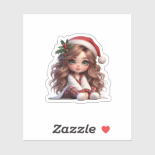 Schattige kerstmeisje met Santa Hat Art Sticker