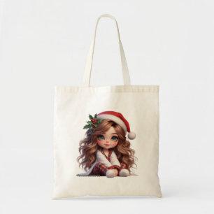 Schattige kerstmeisje met Santa Hat Art Tote Bag