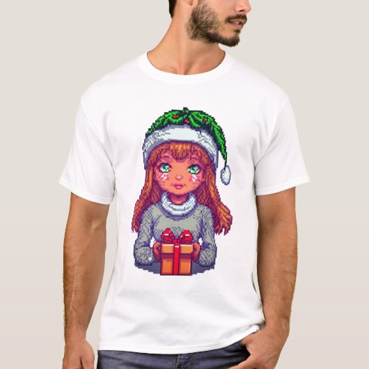 Schattige Kerstmeisje Pixel Art Tshirt (Voorkant)