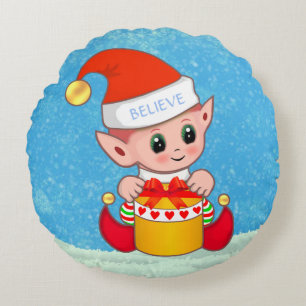 Schattige Kerstmis Baby Elf op Lichtblauwe Ronde K Rond Kussen