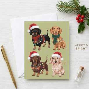 Schattige Kerstmis Dachshunds in Kerstmannenmutsen Feestdagenkaart