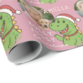 Schattige Kerstmis Dinosaur Foto Kinderen Cadeaupapier (Rol Hoek)