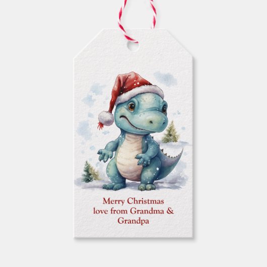 Schattige Kerstmis Dinosaurus Cadeaulabel (Voorkant)