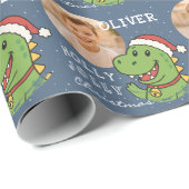 Schattige Kerstmis Dinosaurus Foto Kinderen Cadeaupapier (Rol Hoek)