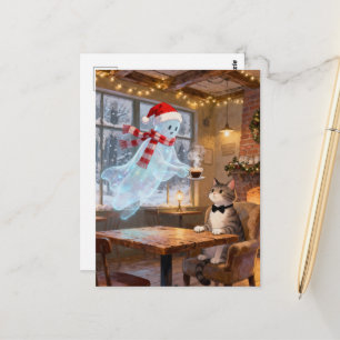 Schattige Kerstmis Geest Bedient Kat in een Koffie Briefkaart