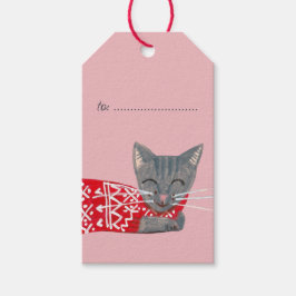 Schattige Kerstmis grijze Kat roze Vakantie Cadeaulabel
