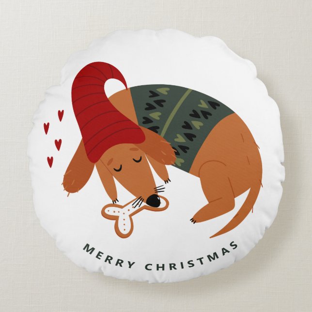Schattige Kerstmis Hond Custom Tweezijdig Rond Kussen (Voorkant)