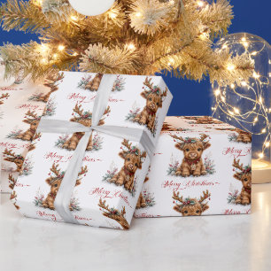 Schattige Kerstmis Hoogland Koe met Festieve Gewei Cadeaupapier