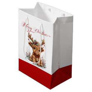 Schattige Kerstmis Hoogland Koe met Festieve Gewei Medium Cadeauzakje