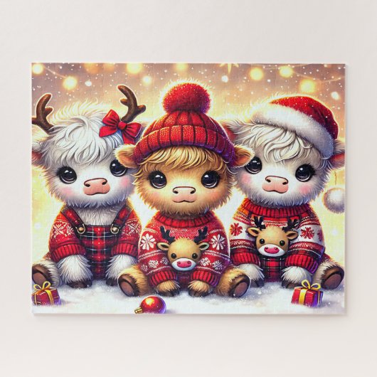 Schattige Kerstmis Hoogland Koeien Legpuzzel (Horizontaal)
