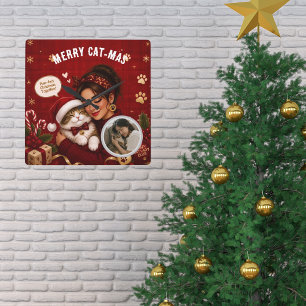 Schattige Kerstmis Kat Foto in Dieprood Vierkante Klok