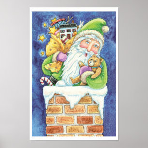 Schattige Kerstmis, Kerstman in Schoorsteen met Sp Poster