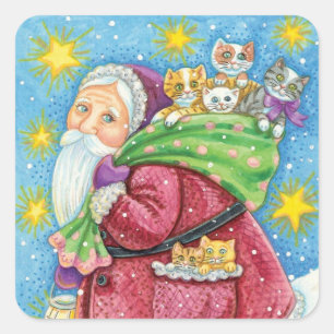 Schattige Kerstmis, Kerstman met Kitten en Katten! Vierkante Sticker