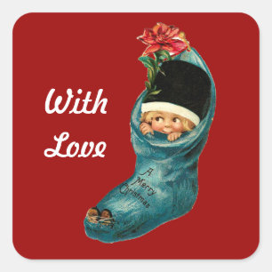Schattige Kerstmis Kous, Klein Kind, Wit Rood Vierkante Sticker
