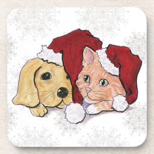 Schattige Kerstmis Labrador Puppy en Oranje Tabby Drankjes Onderzetter
