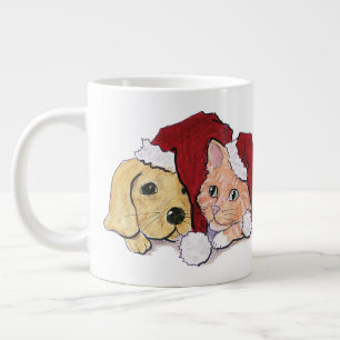 Schattige Kerstmis Labrador Puppy en Oranje Tabby Grote Koffiekop