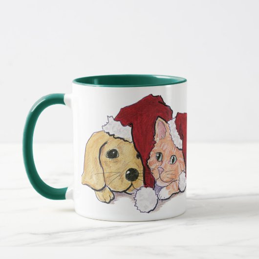 Schattige Kerstmis Labrador Puppy en Oranje Tabby Mok (Links)