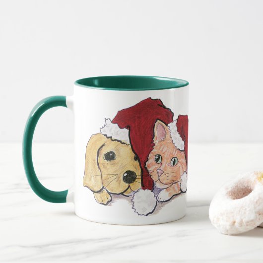 Schattige Kerstmis Labrador Puppy en Oranje Tabby Mok (Met donut)