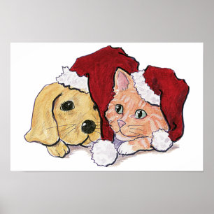 Schattige Kerstmis Labrador Puppy en Oranje Tabby Poster