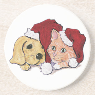 Schattige Kerstmis Labrador Puppy en Oranje Tabby Zandsteen Onderzetter