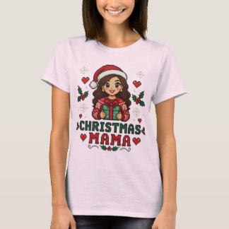 Schattige Kerstmis Mama Retro 8-Bit Pixel Art  T-shirt