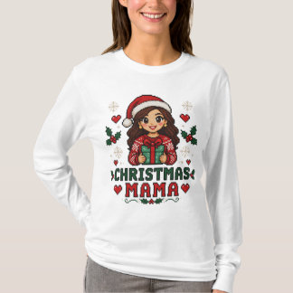 Schattige Kerstmis Mama Retro 8-Bit Pixel Art Vaka T-shirt