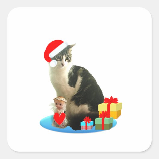 Schattige Kerstmis Merlin Kat Vierkante Sticker (Voorkant)