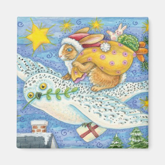 Schattige Kerstmis met Konijn als Kerstman op Uil Magneet (Voorkant)