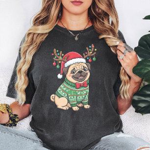 Schattige Kerstmis Pugs hond in lelijke trui & gew T-shirt