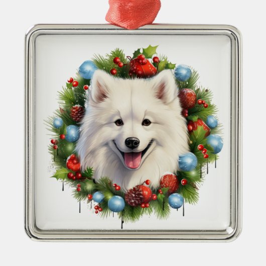 SCHATTIGE KERSTMIS SAMOYED HONDENKRANS METALEN ORNAMENT (Voorkant)