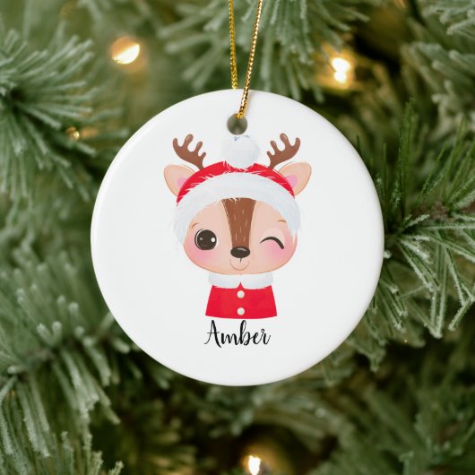Schattige Kerstmis Santa Rendier Head Keramisch Ornament (Boom)