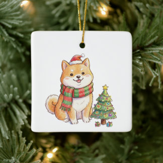 Schattige Kerstmis Shiba Inu in Kerstmanhoed & Sja Keramisch Ornament