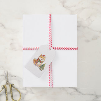 Schattige Kerstmis Shiba Inu in Kerstmannenhoed &  Cadeaulabel