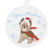 Schattige Kerstmis Yorkie in Kerstmannenhoed Sneeu