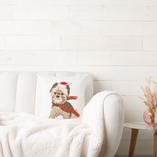 Schattige Kerstmis Yorkie in kerstmuts  Kussen (Bank)