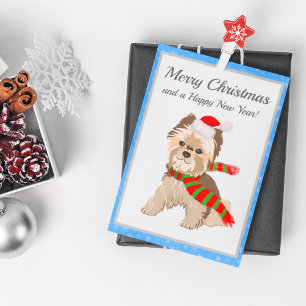 Schattige Kerstmis Yorkie Met Kerstmannen Hoed Pre Feestdagenkaart