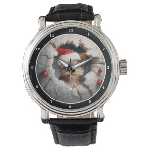 Schattige Kerstmis Yorkshire Terrier in Kerstmanne Horloge