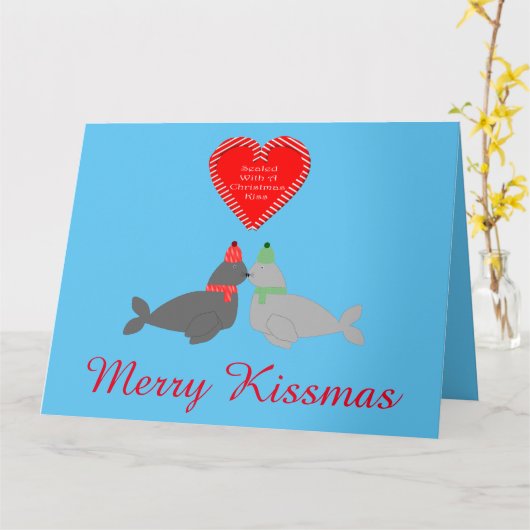 Schattige Kerstmis Zoenende Robben Op Maat Gemaakt Kaart (Gele Bloem)