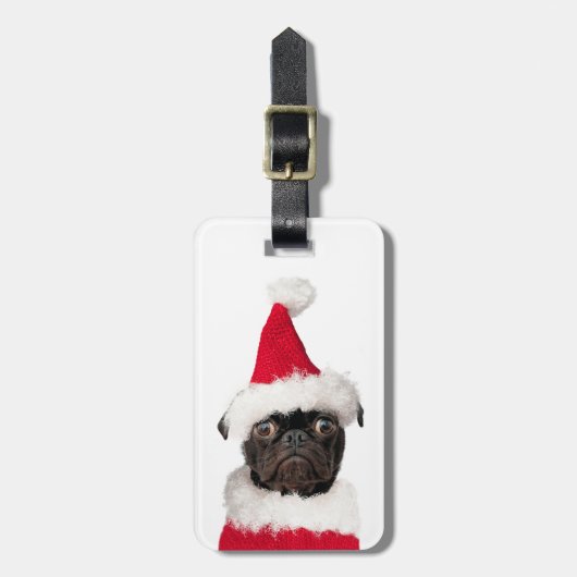Schattige Kerstmis Zwarte Pug Puppy Kerstman Hoed Bagagelabel (Voorkant verticaal)