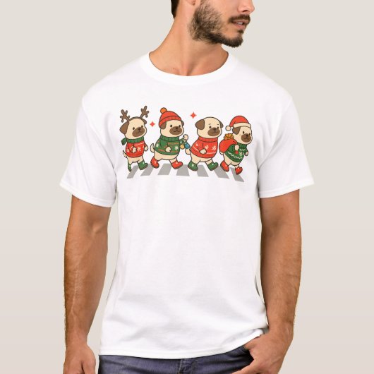 Schattige Kerstmopsen die oversteken in Festieve T T-shirt (Voorkant)